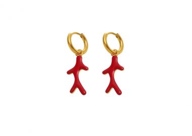 Κρίκοι σκουλαρίκια με κρεμαστό κόκκινο κοράλλι από ανοξείδωτο ατσάλι σε χρυσή απόχρωση -  - 