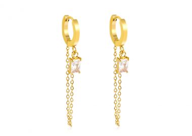 Κρίκοι σκουλαρίκια με λευκό ζιργκόν και αλυσίδα από ανοξείδωτο ατσάλι σε χρυσή απόχρωση -  - 