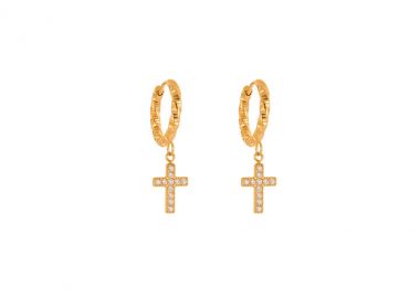 Κρίκοι σκουλαρίκια με σταυρό και λευκά ζιργκόν από ανοξείδωτο ατσάλι σε χρυσή απόχρωση -  - 