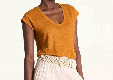 La Fée Maraboutée γυναικείο λινό T-shirt με V Straight Cut - FA-TS-DAVIA Πορτοκαλί - LA FEE MARABOUTEE - 