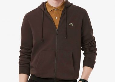 Lacoste ανδρική ζακέτα φούτερ με κουκούλα και κεντημένο λογότυπο Classic Fit - SH9626 Καφέ - LACOSTE - 