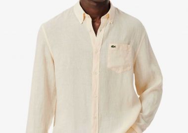 Lacoste ανδρικό λινό πουκάμισο button down με τσέπη και κεντημένο λογότυπο Regular Fit - CH5692 Εκρού - LACOSTE - 