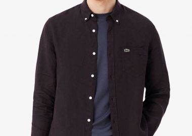 Lacoste ανδρικό λινό πουκάμισο button down με τσέπη και κεντημένο λογότυπο Regular Fit - CH5692 Καφέ Σκούρο - LACOSTE - 