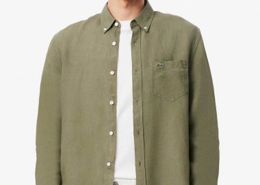 Lacoste ανδρικό λινό πουκάμισο button down με τσέπη και κεντημένο λογότυπο Regular Fit - CH5692 Λαδί - LACOSTE - 