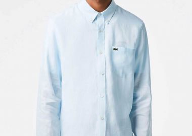 Lacoste ανδρικό λινό πουκάμισο button down με τσέπη και κεντημένο λογότυπο Regular Fit - CH5692 Σιελ - LACOSTE - 