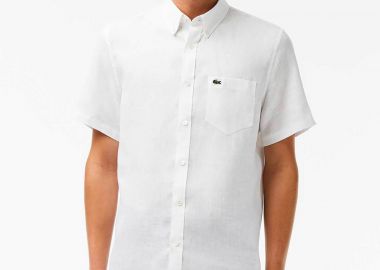 Lacoste ανδρικό λινό πουκάμισο κοντομάνικο με τσέπη και κεντημένο λογότυπο Regular Fit - CH5699 Λευκό - LACOSTE - 