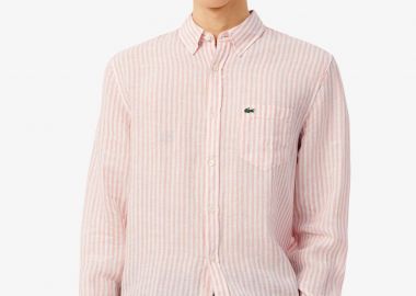 Lacoste ανδρικό λινό πουκάμισο με ριγέ σχέδιο και τσέπη με κεντημένο λογότυπο Regular Fit - CH6985 Ροζ - LACOSTE - 