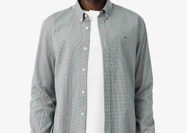 Lacoste ανδρικό πουκάμισο button down με ψιλό καρό σχέδιο και λογότυπο Regular Fit - CH2433 Πράσινο Σκούρο - LACOSTE - 