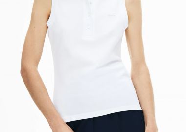 Lacoste γυναικεία μπλούζα πόλο αμάνικη πικέ με κεντημένο λογότυπο Slim Fit - PF5445 Λευκό - LACOSTE - 