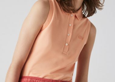 Lacoste γυναικεία μπλούζα πόλο αμάνικη πικέ με κεντημένο λογότυπο Slim Fit - PF5445 Ροδακινί - LACOSTE - 