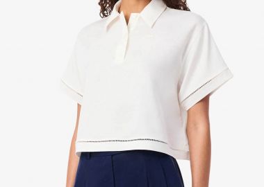 Lacoste γυναικεία μπλούζα πόλο με δαντελωτά trims Oversized Fit - CF0061 Λευκό - LACOSTE - 