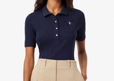 Lacoste γυναικεία πλεκτή μπλούζα πόλο με διάτρητο κεντητό σχέδιο Slim Fit - DF5296-00 Μπλε Σκούρο - LACOSTE - 