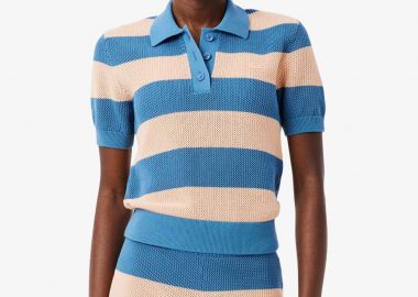 Lacoste γυναικεία πλεκτή μπλούζα πόλο με ριγέ σχέδιο και κεντημένο λογότυπο Regular Fit - AF9847 Μπλε - LACOSTE - 