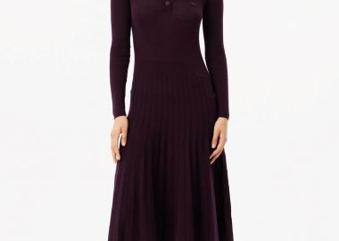 Lacoste γυναικείο μάλλινο midi φόρεμα ribbed με κεντημένο tone-on-tone λογότυπο - EF2612-00 Μπορντό - LACOSTE - 