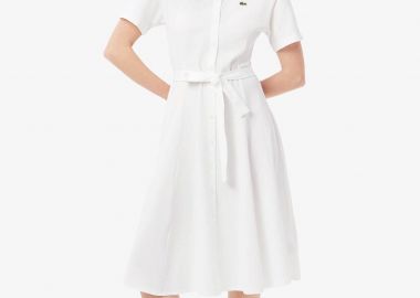 Lacoste γυναικείο midi φόρεμα πόλο σεμιζιέ πικέ με κεντημένο λογότυπο Flared Cut - EF9621-00 Λευκό - LACOSTE - 