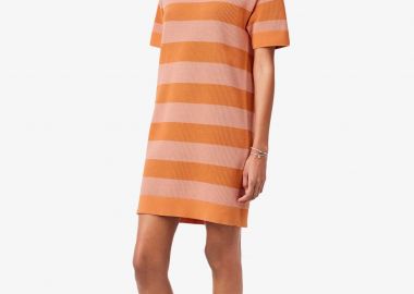 Lacoste γυναικείο πλεκτό mini φόρεμα με ριγέ σχέδιο και κεντημένο λογότυπο Regular Fit - EF5021 Πορτοκαλί - LACOSTE - 
