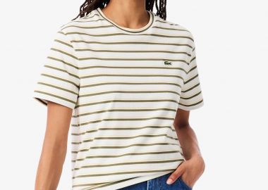 Lacoste γυναικείο T-shirt με ριγέ σχέδιο και κεντημένο λογότυπο Regular Fit - TF7574-00 Εκρού - LACOSTE - 
