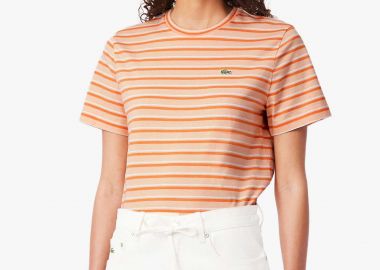Lacoste γυναικείο T-shirt με ριγέ σχέδιο και κεντημένο λογότυπο Regular Fit - TF7574-00 Πορτοκαλί - LACOSTE - 