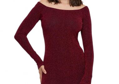 Ladies Off Shoulder Longsleeve Glitter Dress Urban Classics TB6144-00606 burgundy - Urban Classics - 