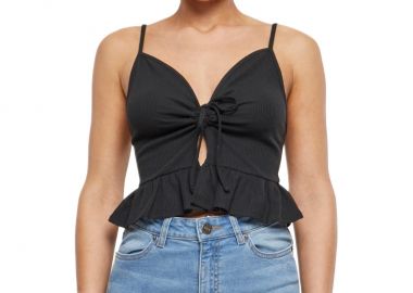 Ladies Waffle Pique Ruffle Top Urban Classics TB6871-00007 black - Urban Classics - 