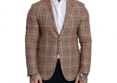 LARDINI Ανδρικό Μπεζ Two Button Check Fitted Blazer - LARDINI - 