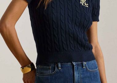 Lauren Ralph Lauren γυναικεία πλεκτή μπλούζα πόλο με cable knit pattern και κεντημένο monogram Slim Fit - 200932224002 Μπλε Σκούρο - LAUREN RALPH LAUREN - 
