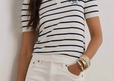 Lauren Ralph Lauren γυναικεία πλεκτή μπλούζα πόλο με ριγέ σχέδιο και κεντημένο λογότυπο Slim Fit - 200P03506001 Λευκό - LAUREN RALPH LAUREN - 