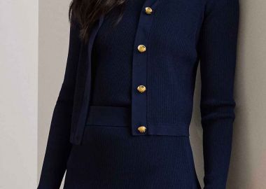 Lauren Ralph Lauren γυναικεία πλεκτή ζακέτα cropped ribbed Slim Fit - 200P08765001 Μπλε Σκούρο - LAUREN RALPH LAUREN - 