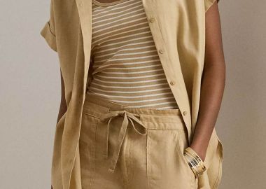 Lauren Ralph Lauren γυναικείο λινό πουκάμισο με κοντό μανίκι Relaxed Fit - 200699152052 Μπεζ - LAUREN RALPH LAUREN - 