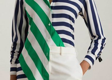 Lauren Ralph Lauren γυναικείο πουκάμισο colour-blocked με ριγέ σχέδιο Classic Fit - 200P10008001 Λευκό - Μπλε - LAUREN RALPH LAUREN - 