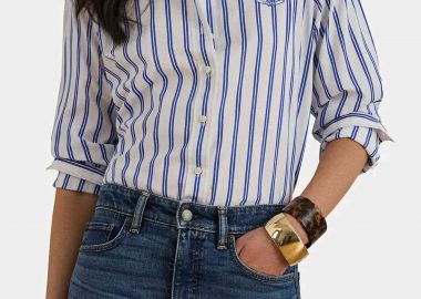 Lauren Ralph Lauren γυναικείο πουκάμισο με ριγέ σχέδιο και κεντημένο λογότυπο Relaxed Fit - 200P08746001 Λευκό - Μπλε - LAUREN RALPH LAUREN - 