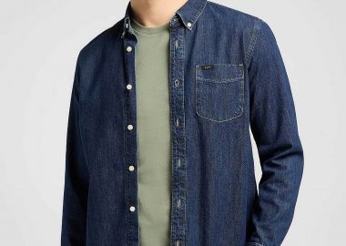 Lee® ανδρικό denim πουκάμισο button down με τσέπη Regular Fit - 112370702 Denim Blue Σκούρο - LEE - 