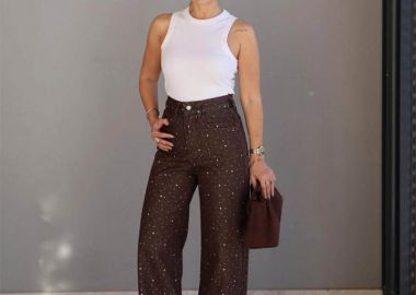 LENORA γυναικείο καφέ jean με στρας ίσιο μπατζάκι - SOU - 