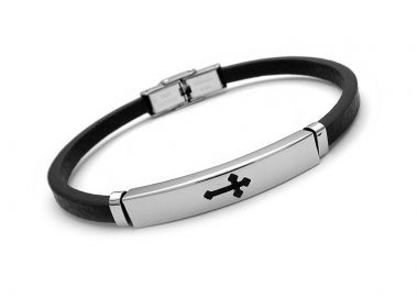 Λεπτό βραχιόλι με δέρμα και σταυρό BA369 - Asimenio - 