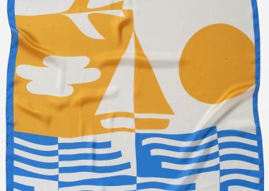 ΛΕΥΚΟ ΜΑΝΤΗΛΙ ΛΑΙΜΟΥ ΜΕ ΜΕΤΑΞΩΤΗ ΥΦΗ ΜΕ ΘΑΛΑΣΣΑ, ΚΑΡΑΒΑΚΙ ΚΑΙ ΗΛΙΟ - Anna Raxevsky - 