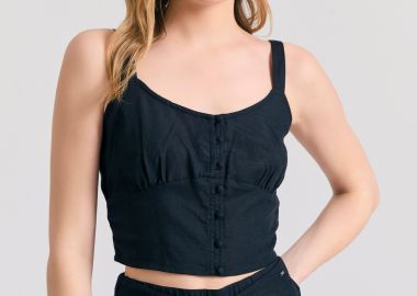 Linen blend μονόχρωμο cropped τοπ - FUNKY BUDDHA - 