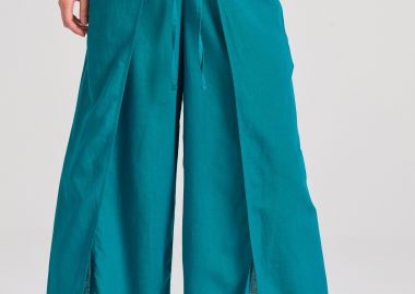 Linen blend wide leg παντελόνα με ελαστική μέση - FUNKY BUDDHA - 