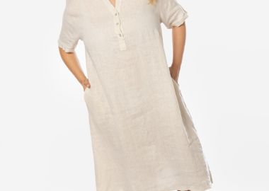 Λινό φόρεμα με τσέπες σε μπεζ χρώμα -  - 