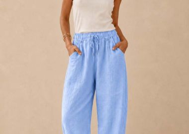 λινό sporty παντελόνι barrel με λάστιχο Estate γαλάζιο - PerfectDress.gr - 