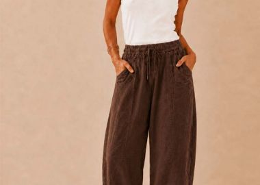 λινό sporty παντελόνι barrel με λάστιχο Estate καφέ - PerfectDress.gr - 