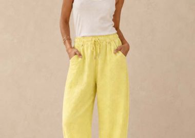 λινό sporty παντελόνι barrel με λάστιχο Estate κίτρινο - PerfectDress.gr - 