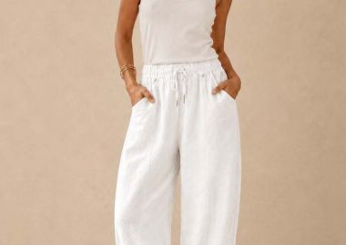 λινό sporty παντελόνι barrel με λάστιχο Estate λευκό - PerfectDress.gr - 