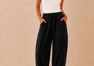 λινό sporty παντελόνι barrel με λάστιχο Estate μαύρο - PerfectDress.gr - 
