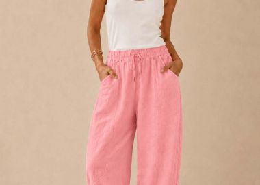 λινό sporty παντελόνι barrel με λάστιχο Estate ροζ - PerfectDress.gr - 