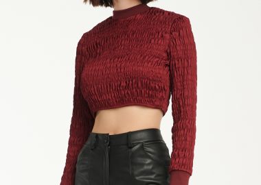 Long Sleeved Cropped Top In Burgundy - Cutcuutur - 