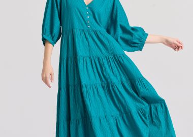 Loose fit σεμιζιέ φόρεμα με βολάν σε ζακάρ ύφανση - FUNKY BUDDHA - 