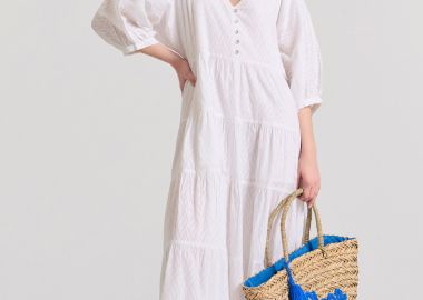 Loose fit σεμιζιέ φόρεμα με βολάν σε ζακάρ ύφανση - FUNKY BUDDHA - 