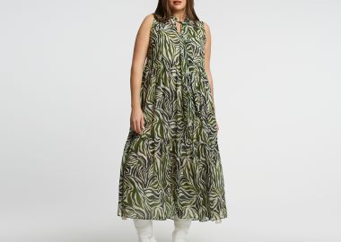 Maxi αμάνικο φόρεμα με ζεβρέ σχέδιο και δέσιμο στη λαιμό - MAT FASHION - 