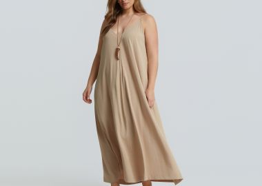 Maxi φόρεμα βισκόζη με v λαιμόκοψη και τιράντες - MAT FASHION - 
