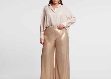 Metallic gold παντελόνα με ελαστική μέση - MAT FASHION - 